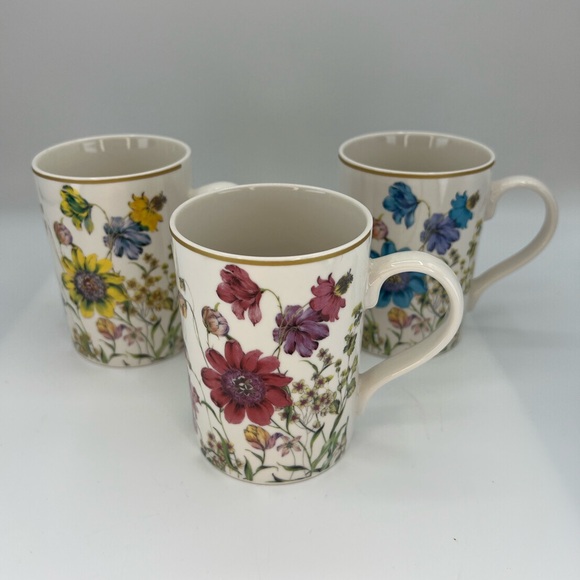 Kent Pottery Set Of 3 Floral Mugs Red Blue Yellow Flowers Easter Tea Party - Picture 1 of 15